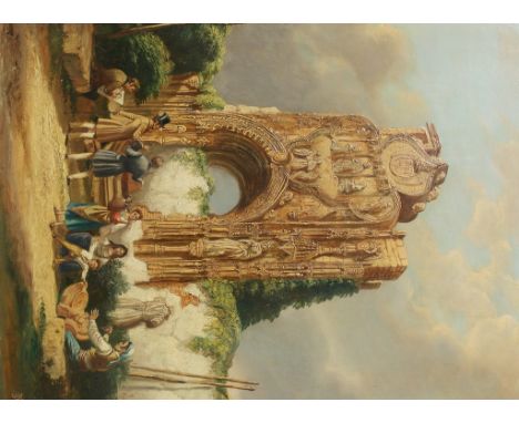 Follower of Giovanni Paolo Panini (Italy, 1691-1765):
Figures amongst ruins in a landscape, oil on panel, signed with monogra
