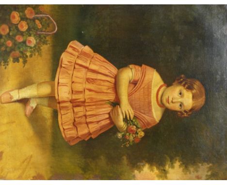 Continental School (19th century):
A full length portrait of a young girl holding a bunch of flowers in a landscape, oil on c