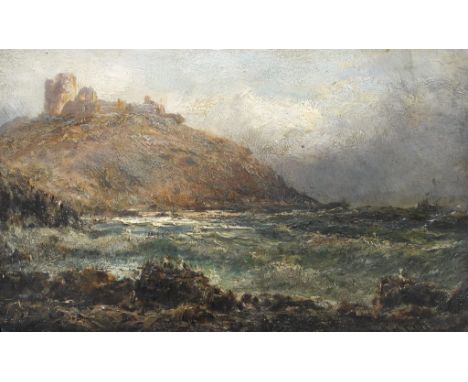 Edwin Hayes, R.H.A., R.I. (British, 1819-1904):
Criccieth Castle, Wales, oil on panel, signed lower right, H 16 x W 26 cm, ti