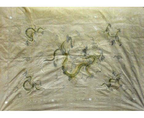 A Chinese Needlework Tapestry:
19th century depicting a large dragon amongst clouds chasing pearls, surmounted by 4 further d