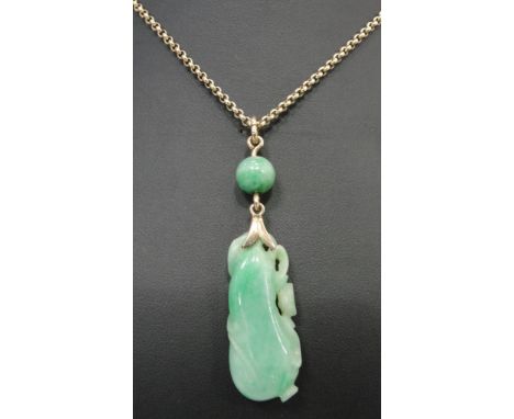 A 19th Century Jadeite Pendant on Chain:
a modern 9ct belcher chain with carved jadeite gourd and ball pendant