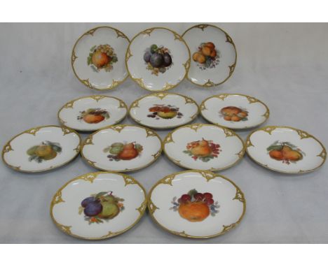 A Set of 12 KPM Gilt-Edged Plates:
All with hand painted fruit and leaves to the centre,red KPM mark to verso and eight with 