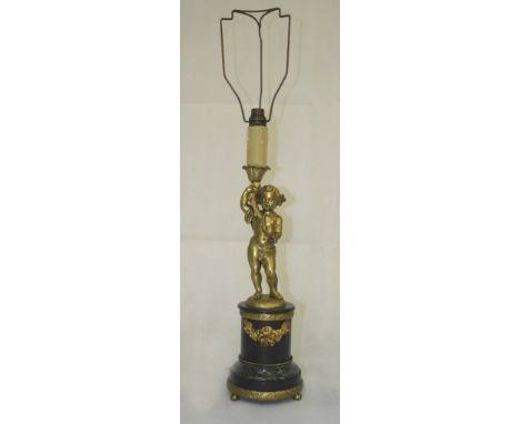 A 19th Century French Gilt Metal, Slate and Marble candlestick: 
Modelled as a cherub holding a cornucopia sconce, now conver