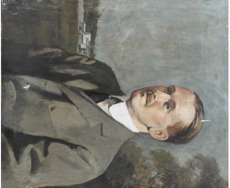 Circle of Sir William Orpen, R.A., R.H.A. (British, 1878-1931):
Portrait of a gentleman in a landscape, oil on canvas, indist