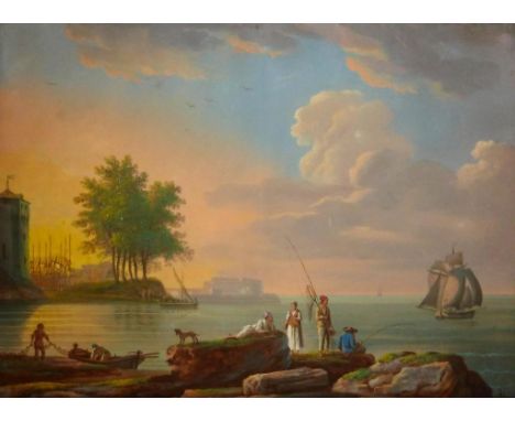 Joseph de Landerset (Swiss, 1753-1824): Figures on rocks before the coast in a port at sunset, gouache, signed with initials 