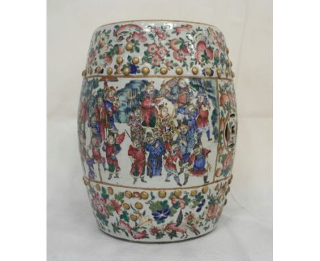A 19th Century Chinese Famille Rose Garden Stool:
vividly enamelled with two military scenes in the middle section and a rich