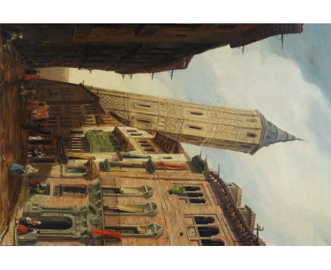 Continental School (19th/20th century):
A pair of street scenes with figures before towers, one leaning, oils on panel, H 50 