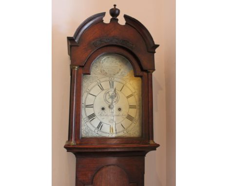 A George III oak longcase clock, the 12 inch domed silverised dial with engraved shell spandrels, by Robert Alexander, Leith,