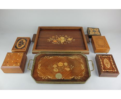Two Sorrento type inlaid wooden tea trays, together with five similar trinket boxes