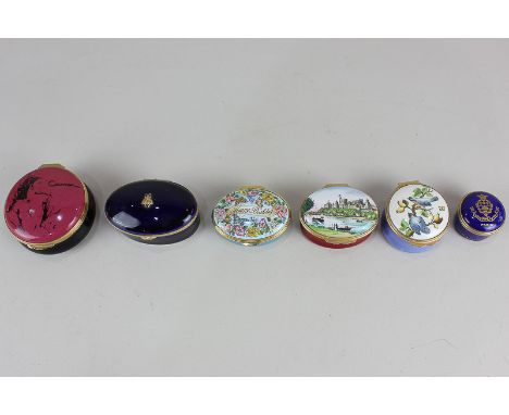 Four Halcyon Days enamel pill boxes including one marked Hotel Ritz, Paris, a Limoges Dubarry porcelain trinket pot with gilt