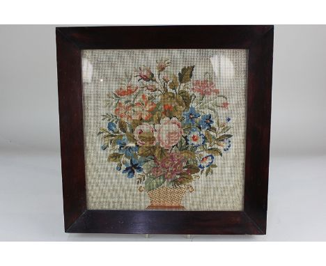Victorian woolwork tapestry picture of a floral arrangement, in wooden frame, 33cm square