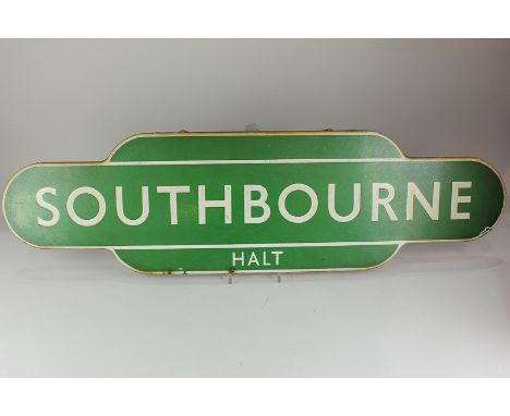 A Southern region railway totem sign for 'Southbourne Halt' in green and white enamel, 92.5cm
