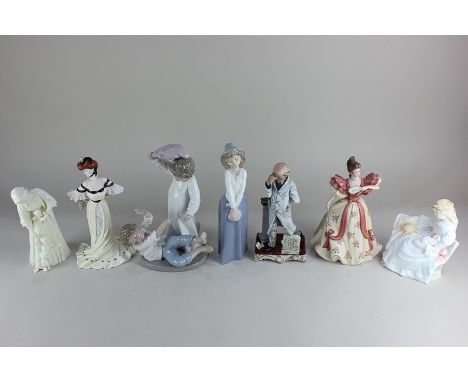 Two Nao porcelain figures, 'Pillow Fight', and a girl, two Coalport figures 'Summer Day Dream' and 'Alexandra at the Ball', a