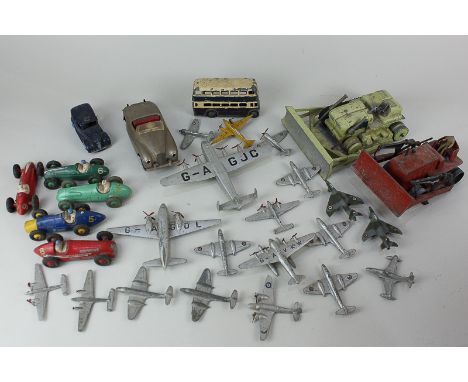 A collection of Dinky model aeroplanes including a York, Viking, Seaplane, and Light Racer, five Dinky race cars including Al