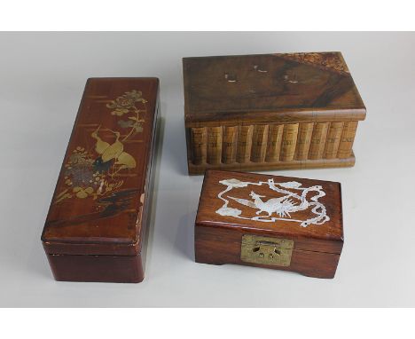 An inlaid olive wood Sorrento type trinket box (with key), a Chinese mother of pearl inlaid box depicting a Hoho bird, and a 