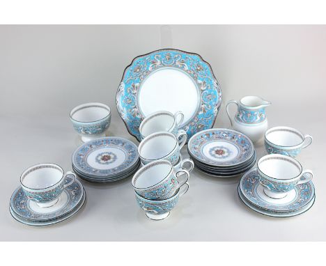 A Wedgwood porcelain matched part tea set in the turquoise Florentine pattern, comprising nine teacups, seven saucers, seven 