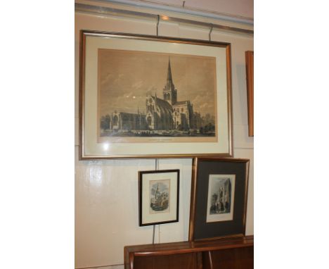 Local interest, three framed coloured engravings and prints of Chichester Cathedral, to include after R. Garland for Winkle's