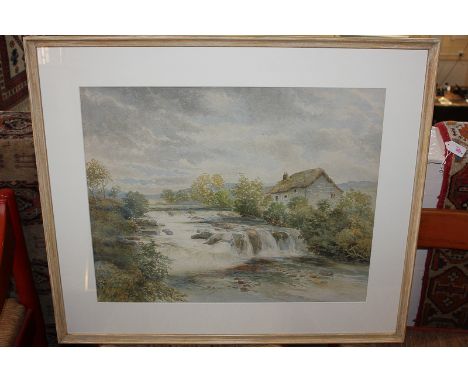 Attributed to R Stubbs (late 19th / 20th century school), cottage beside water rapids, watercolour, unsigned, later inscribed