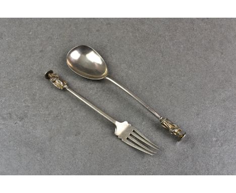 A Victorian silver apostle fork and spoon, Robert Williams & Sons, Exeter, 1847, the spoon, 7 38in. (18.8cm.) long, gross wei
