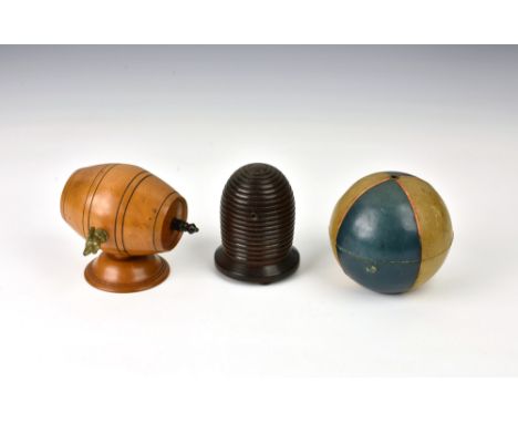 A 19th century treen beehive string box & bobbin holder, the lift off lid opening to reveal thimble and reel, raised on three
