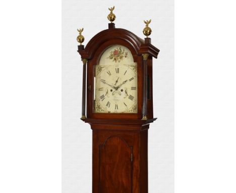 An early 19th century Channel Islands eight day mahogany longcase clock, the bell strike movement fronted by a painted Roman 