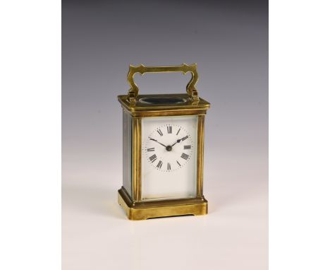 A French gilt brass carriage clock by Duverdry & Bloquel, early 20th century, corniche case, with white Roman enamel dial, si