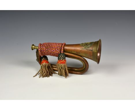 A copper and brass Ontario Regiment bugle and tassel, * Condition: A Few small dents, needs cleaning.