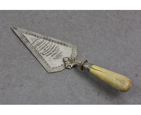 A Victorian bone handled silver plate presentation trowel - Wesleyan Chapel South Ossett, of typical form with turned bone ha