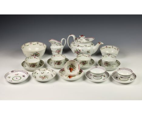 A New Hall hard paste porcelain part tea service, c.1800, painted in pattern no. 241, comprising a teapot, cream jug, large s