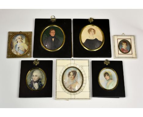 Two 19th century portrait miniatures, both oval watercolour on card, one of a lady in a black dress, black bead necklace and 