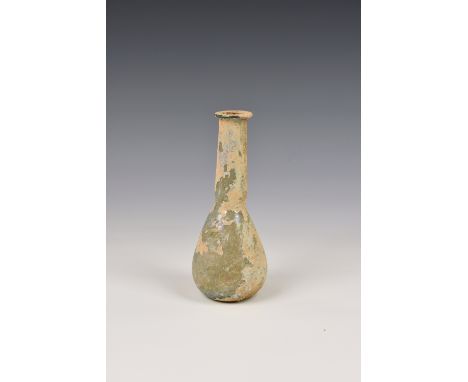 A Roman iridescent clear glass unguentarium, 1st-2nd century AD, with flat, everted rim, slender neck with slightly pinched-i