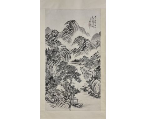 A Chinese watercolour scroll painting, probably early 20th century, depicting scholars and pine trees in an extensive mountai