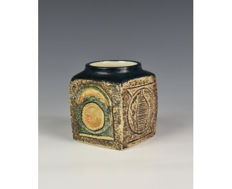A vintage Troika Pottery marmalade jar, by Jane Fizgerald 1976-1983, of typical form with geometric design in blues, greens a