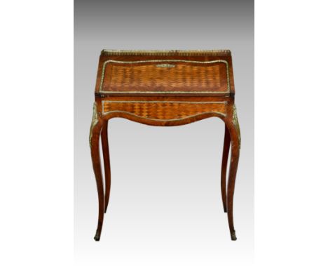 A French Louis XVI style rosewood, kingwood and parquetry bonheur du jour, 19th century, the top with pierced gallery, over a