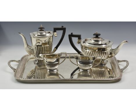 An Elizabeth II silver four piece tea and coffee service with matching tray, EHP co Ltd, Sheffield, 1973, of tapering form wi