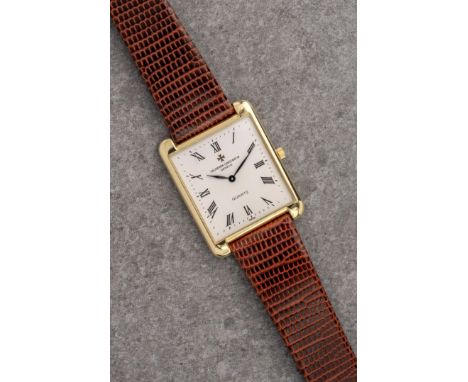 A gentleman's ultra slim Vacheron Constantin 18ct yellow gold quartz wristwatch, no. 544386, with 27mm. rectangular case, sil