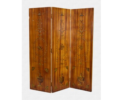 A George III style three-fold hand-painted wood grained screen, second half 20th century, each section with neo-classical dec