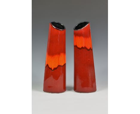 A pair of vintage retro Poole Pottery flame glazed vases, by Nicola Massarella, of elongated tear drop form, 13 1/8in. (33.4c