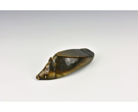 An early Victorian novelty Irish souvenir buffalo horn snuff box, fashioned as a wild boar, the realistic box with fine detai