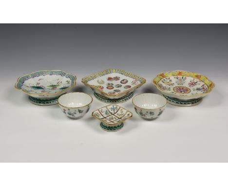 Three Chinese Famille Rose porcelain footed dishes, each having Tongzhi (1862-1874) seal marks to bases, probably of the peri