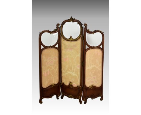 A French Louis XVI style carved walnut and parcel gilt three fold dressing screen, 19th century, of small proportions, possib