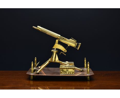 First World War Trench Art interest - Machine Gun Corps Vickers machine gun desk stand, the brass Vickers machine gun, swivel