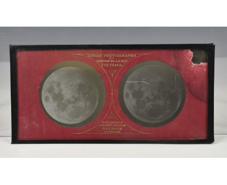 A lunar negative stereoview on ground glass by Warren De La Rue, Paris, circa 1857, gilt text annotation to red card 'Lunar P