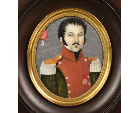 A French portrait miniature of a military officer, probably early 20th century, watercolour on ivorine, oval, in ceremonial u