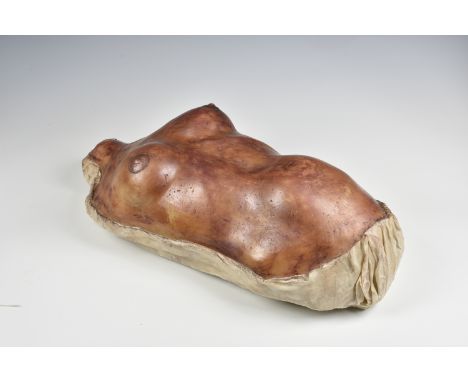 A 19th century style wax anatomical model of a womans torso, with distended lower belly, life size, possibly caused by parasi