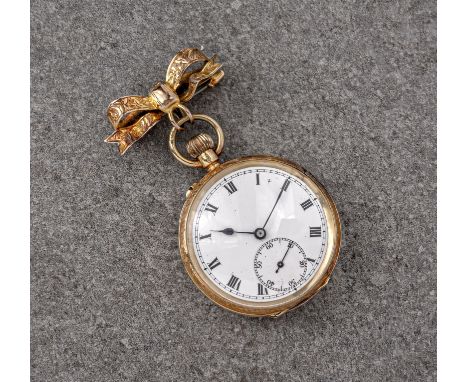An 18ct gold fob wound open face fob watch, early 20th century, with gilt three-quarter plate lever movement, white enamel Ro