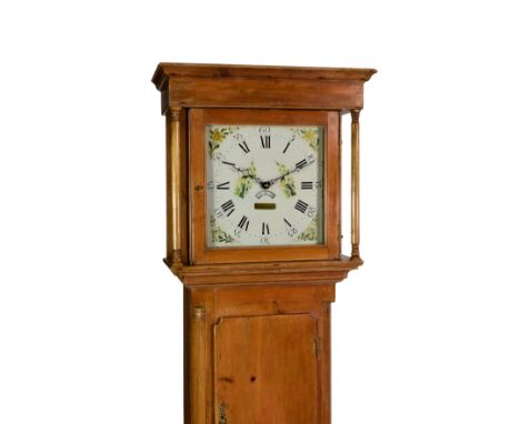 An early 19th century waxed pine 30 hour longcase clock by T. Watson, the square painted Roman dial with floral spandrels and