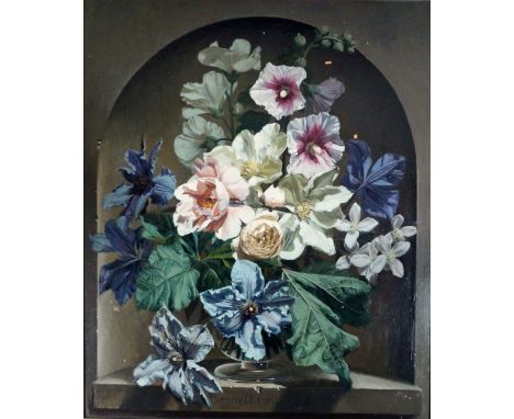 Bennett Oates (British, 1928-2009), "Flowers in the Alcove" oil on panel, signed lower centre and dated (19)84, late 20th cen