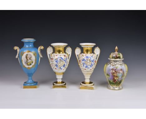 A Sevres style porcelain vase, late 19th century, ovoid with a waisted neck, square pedestal base and twin foliate scroll han