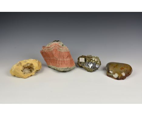 NATURAL HISTORY - Four mineral boulders / clusters, comprising of a Crystal Geode within sandy coloured rock / Galena, Pyrite